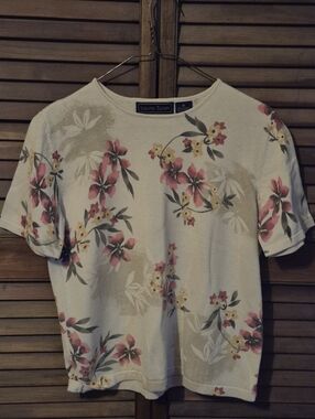 Laura Scott Cream Floral Short Sleeve Top MEDIUM